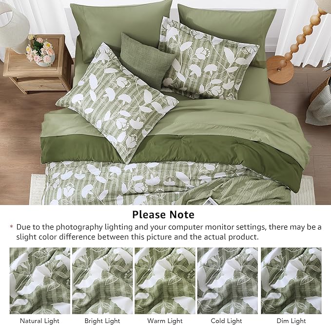 King Comforter Set -7 Pieces Olive Green Floral Comforter Set for All Seasons, Bed in a Bag King with Botanical Flowers Comforter, Sheets, Pillowcases & Shams
