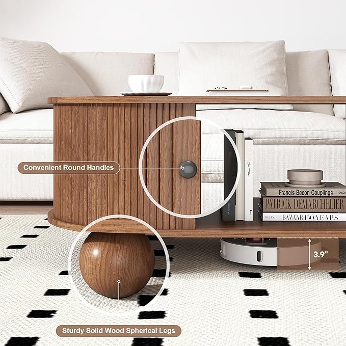 Oval Coffee Table with Storage, 47.3" Mid Century Modern Coffee Tables with Sliding Tambour Doors, Wood Fluted Accent Center Table for Living Room, Dining Room, Home Office, Walnut