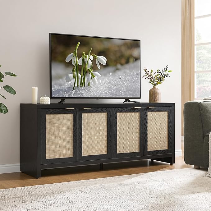 SICOTAS TV Stand for Living Room Boho Entertainment Center for Bedroom with 4 Rattan Cabinets Farmhouse Television Stands with Storage Large Media Console Table for TVs up to 45 50 55 60 65 Inch