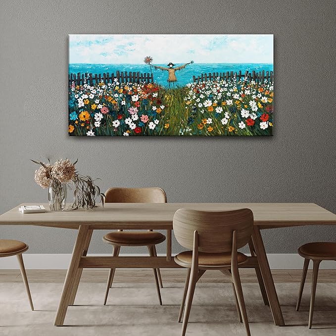 Tsomzxng Canvas Wall Art Decor Blue Sea Wall Decor Colorful Flowers Scarecrow Landscape Print Painting Artwork Picture For Bedroom Apartment Bathroom 20x40 Inch