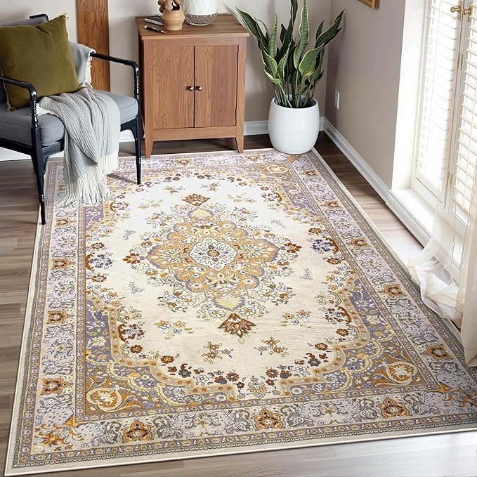 Vintage Area Rug 5x8 Rugs, Machine Washable Vintage Area Rug Non-Slip Low Pile Large Rug for Living Room, Bedroom, Farmhouse, Dining Room, Beige