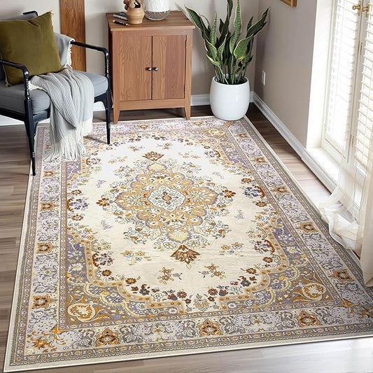 Vintage Area Rug 5x8 Rugs, Machine Washable Vintage Area Rug Non-Slip Low Pile Large Rug for Living Room, Bedroom, Farmhouse, Dining Room, Beige
