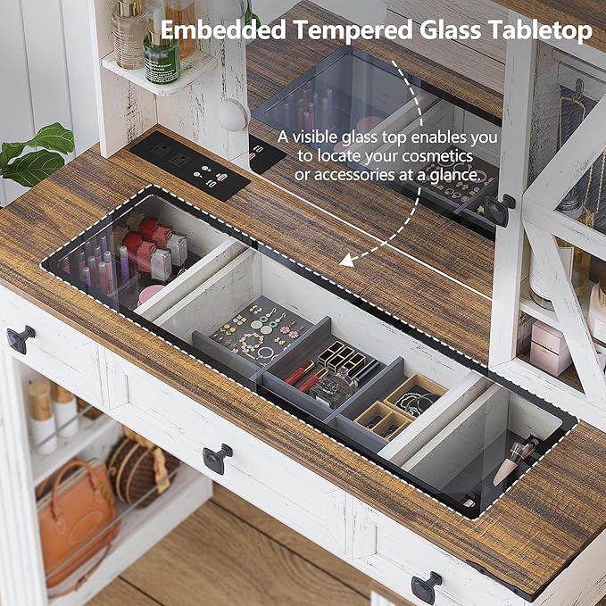 Farmhouse Vanity Desk with Lighted Mirror, Makeup Vanity Table with 9 Hollywood Bulb Lights/6 Drawers/Large Storage, White Dressing Table 3 Colors Lighting & Charging Station for Women