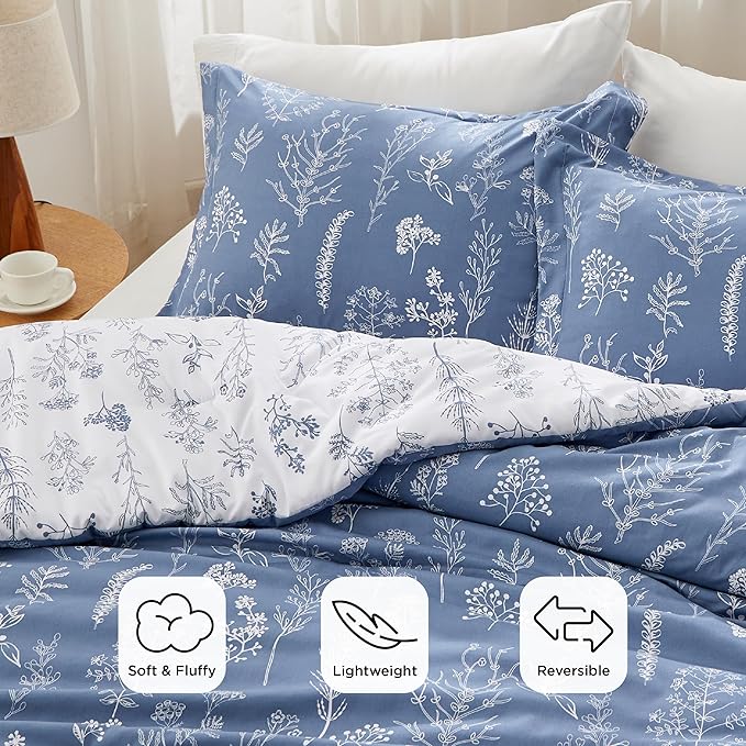 Bedsure King Comforter Set - Infinity Blue Bed Set, 3 Pieces Cute Floral Bedding, 1 Soft Reversible Botanical Flowers Comforter and 2 Pillow Shams