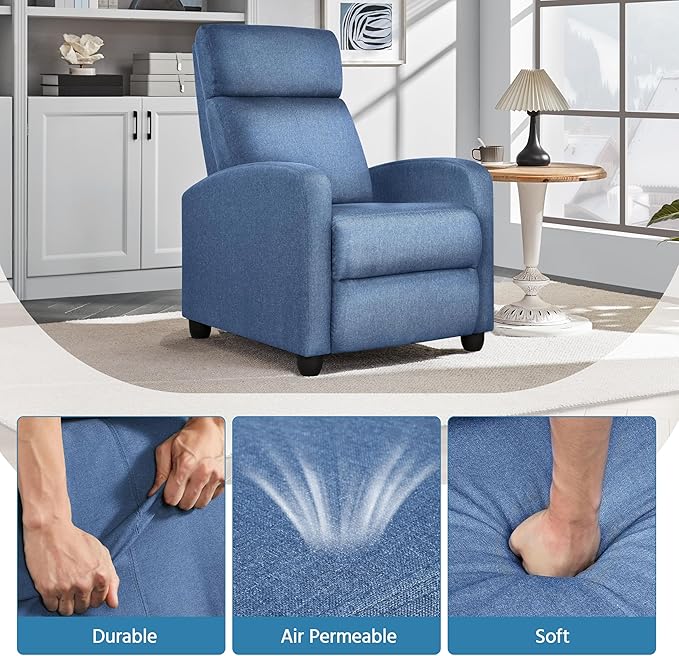 Yaheetech Fabric Recliner Chair Sofa Ergonomic Adjustable Single Sofa with Thicker Seat Cushion Modern Home Theater Seating for Living Room Light Blue