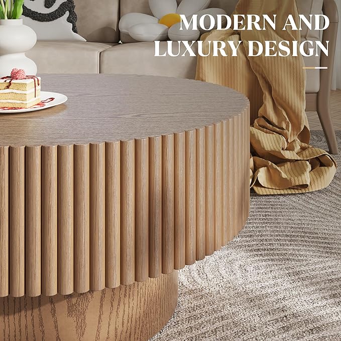 43.7” Oval Coffee Table, Modern Wood Fluted Coffee Table for Living Room, Veneer Handcrafted Relief Center Table with Sturdy Pedestal，Easy Assembly - Walnut