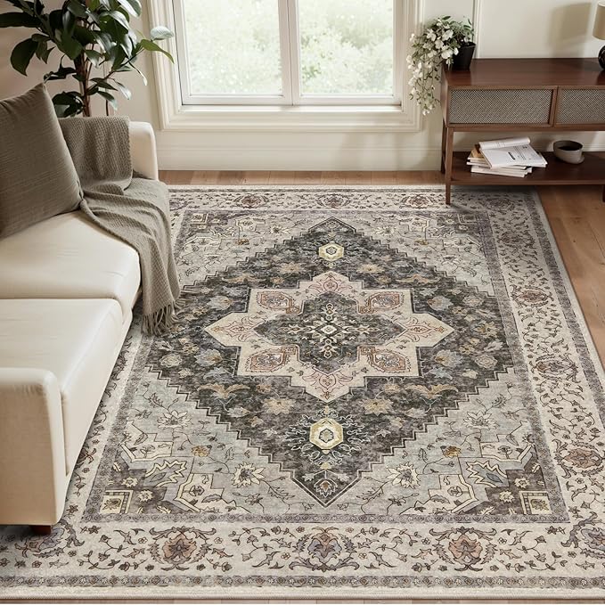Tangsoo Area Rug 3x5 Bedroom Rug, Washable Vintage Rugs Indoor, Non Slip Accent, Print Distressed Brown/Grey Carpet, Soft Low Pile for Living Room Dorm Bedroom Bedside Entryway Bathroom