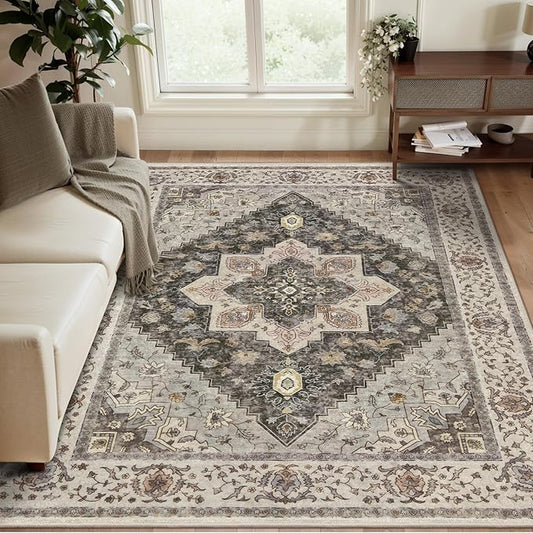 Tangsoo Area Rug 3x5 Bedroom Rug, Washable Vintage Rugs Indoor, Non Slip Accent, Print Distressed Brown/Grey Carpet, Soft Low Pile for Living Room Dorm Bedroom Bedside Entryway Bathroom