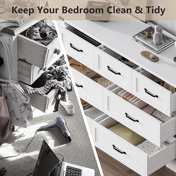 7-Drawer Dresser for Bedroom – 47" Wide Modern Wooden Chest with Natural Wood Texture, TV Stand & Storage, Metal Corner Brackets, Wood Drawer Organizer for Living Room, Hallway