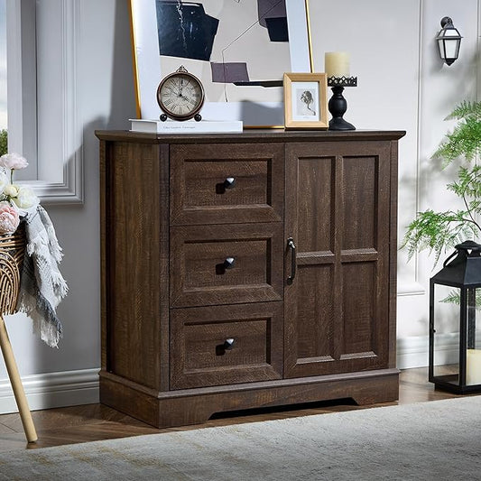 3+1 Dresser for Bedroom, Cherry Dressers Storage with Wooden Drawers and Cross Door, TV Stand Chest of Drawers for Bedroom, Living Room