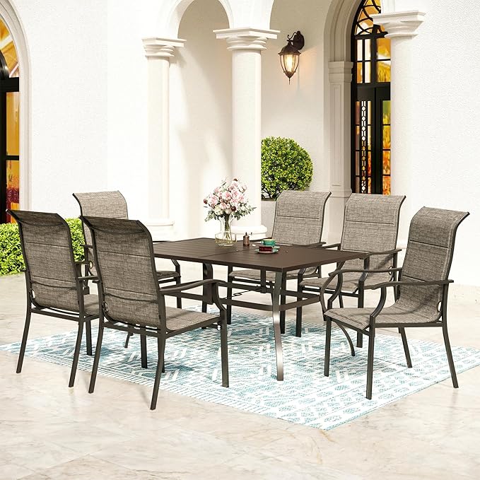 7 Piece Patio Dining Sets for 6, Outdoor Table and Chairs Set with Patio Dining Table(1.61-2" Hole) and 6 High Back Textilene Patio Dining Chairs, Outdoor Dining Sets for Deck Backyard