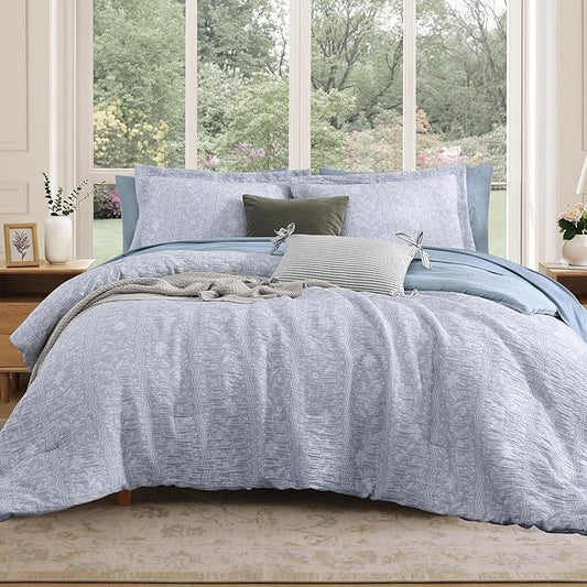 Queen Comforter Set -7 Pieces Blue Floral Comforter Set for All Seasons, Bed in a Bag Queen with Botanical Flowers Comforter, Sheets, Pillowcases & Shams