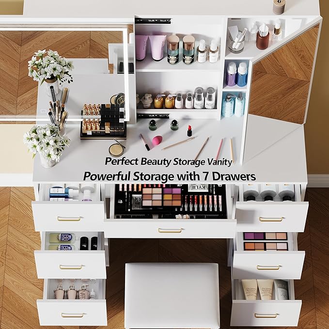 Vanity Desk with Lighted Mirror, Makeup Vanity with Sliding Jewelry Storage & Cabinet, White Vanity Set with Adjustable Brightness, Dressing Table with 7 Drawers (Jewelry Storage & Stool)