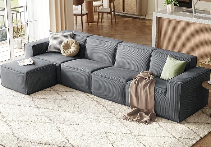 LINSY HOME Modular Sectional Sofa, 134" Boneless Couch L Shaped 4-Seat Sofa with Movable Ottoman, Corduroy Sectional Cloud Couches for Living Room, No Assembly Required, Bluish Grey
