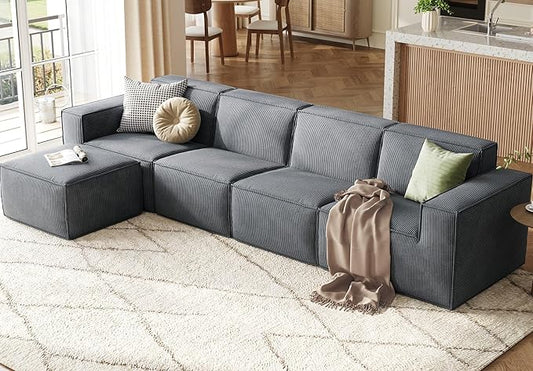 LINSY HOME Modular Sectional Sofa, 134" Boneless Couch L Shaped 4-Seat Sofa with Movable Ottoman, Corduroy Sectional Cloud Couches for Living Room, No Assembly Required, Bluish Grey