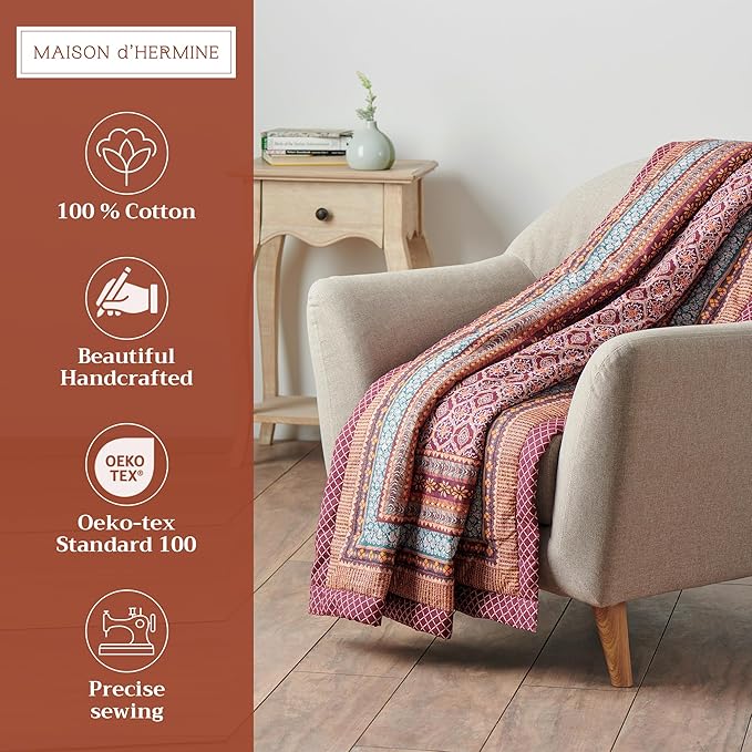 Maison d' Hermine Throw Blanket for Couch Lightweight Soft Warm Breathable Cotton Throw Blankets for Bed Girls Boys Women Men Gifts Sofa Travel Living Room Chair Bedding (60"x80", Fair Isle)