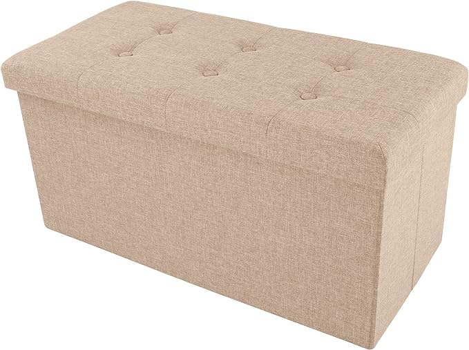 Folding Storage Ottoman - 30-Inch Tufted Footrest, Linen Chest, or Bench with Removable Bin for Living Room, Bedroom, or Dorm by Lavish Home (Beige)