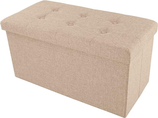 Folding Storage Ottoman - 30-Inch Tufted Footrest, Linen Chest, or Bench with Removable Bin for Living Room, Bedroom, or Dorm by Lavish Home (Beige)