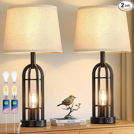 Black Table Lamps for Living Room Set of 2 - Farmhouse Lamps for Night Stands with USB A+C, Bedside Lamps for Bedroom, 24'' Industrial Lamp for Living Room End Tables