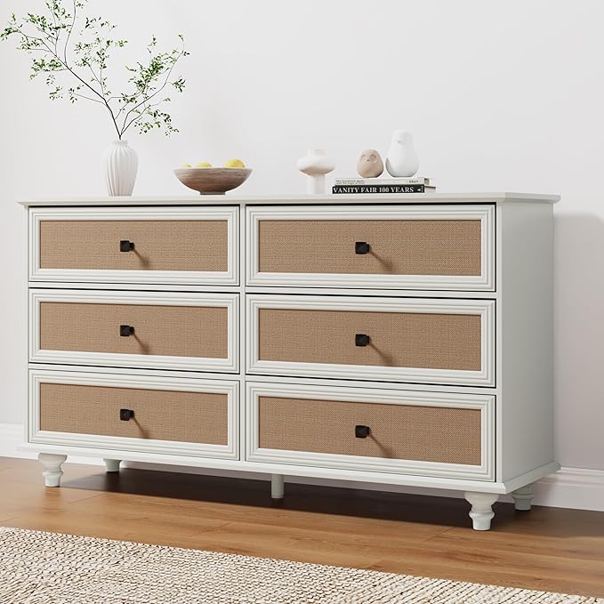 6 Drawer Dresser for Bedroom, Mid Century Modern Wide Wood Rustic Chest of Drawers Wooden Storage Organizer Dressers with Burlap Rattan Drawers for Living Room, Hallway Closet, Entryway, Beige White