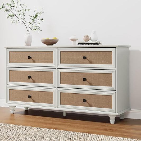 6 Drawer Dresser for Bedroom, Mid Century Modern Wide Wood Rustic Chest of Drawers Wooden Storage Organizer Dressers with Burlap Rattan Drawers for Living Room, Hallway Closet, Entryway, Beige White