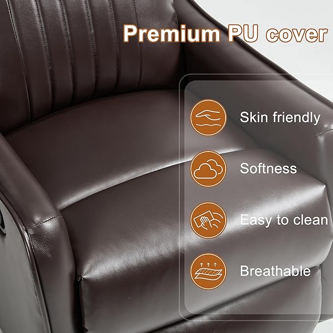 Manual Swivel Rocker Recliner Chair for Adults, Overstuffed Recliner Glider with Massage and Heat, Living Room Reclining Chair, PU Leather Dark Brown