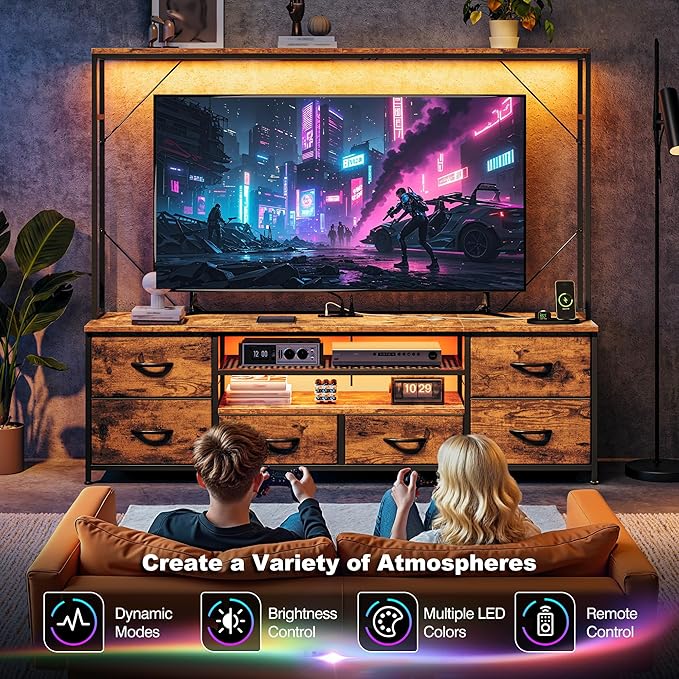 TV Stand for 55 60 inch TV, Large Wall Unit Entertainment Center with LED Lights & Power Outlets, TV Stands for Living Room, Closet, Entryway,13.8" D x 55" W x 61" H, Rustic Brown