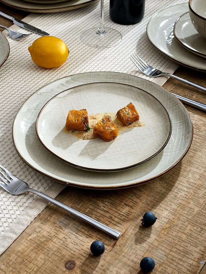 Famiware Moonlight Plates and Bowls Sets, 24 Pieces Stoneware Dinnerware Sets with Linen Finish, Dishware set for 8, Microwave and Dishwasher Safe, Chip and Scratch Resistant, Summer Sand