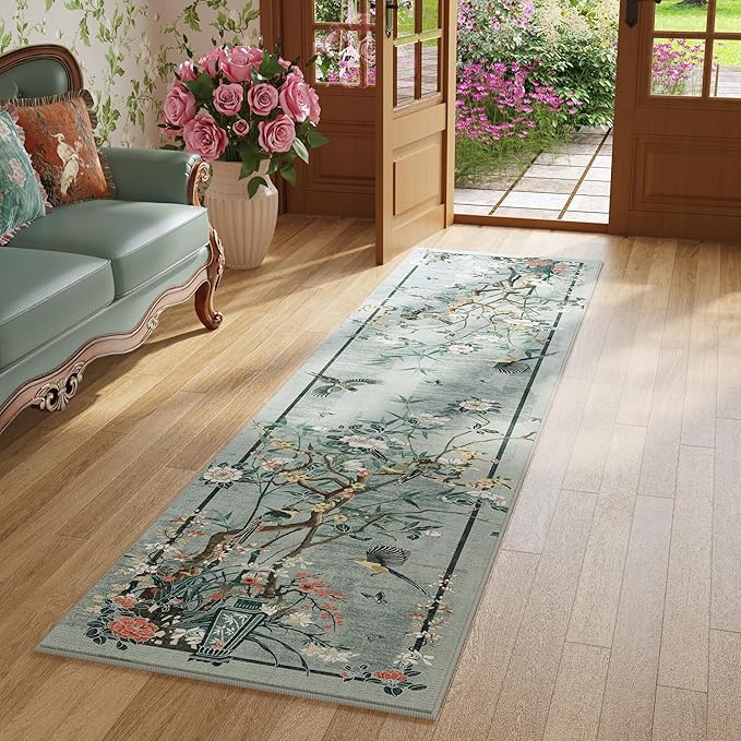 Runner Rug 2x6 Chinoiserie-Style Floral Vintage Kitchen Rugs Non Slip Washable with Rubber Backing Soft Carpet for Laundry, Bedroom, Bathroom, Blue