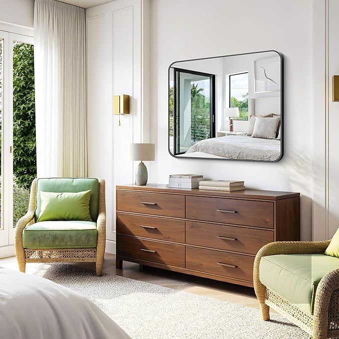 KOCUUY Black Rectangle Mirror, 36"x40" Vanity Mirror for Over Sink, Large Metal Framed Mirror with Rounded Corner for Bathroom Living Room Bedroom Dining Room, Hang Horizontal/Vertical