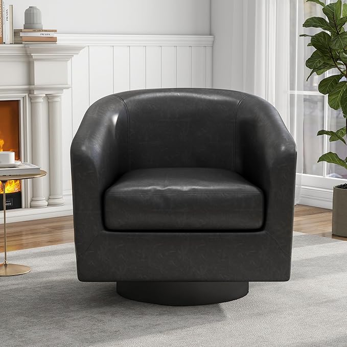 UIXE PU Leather Swivel Barrel Accent Chair Armchair for Living Room, Modern Round Club Arm Chair Upholstered Single Sofa Seating Corner Nook Side Reading Seat - Black