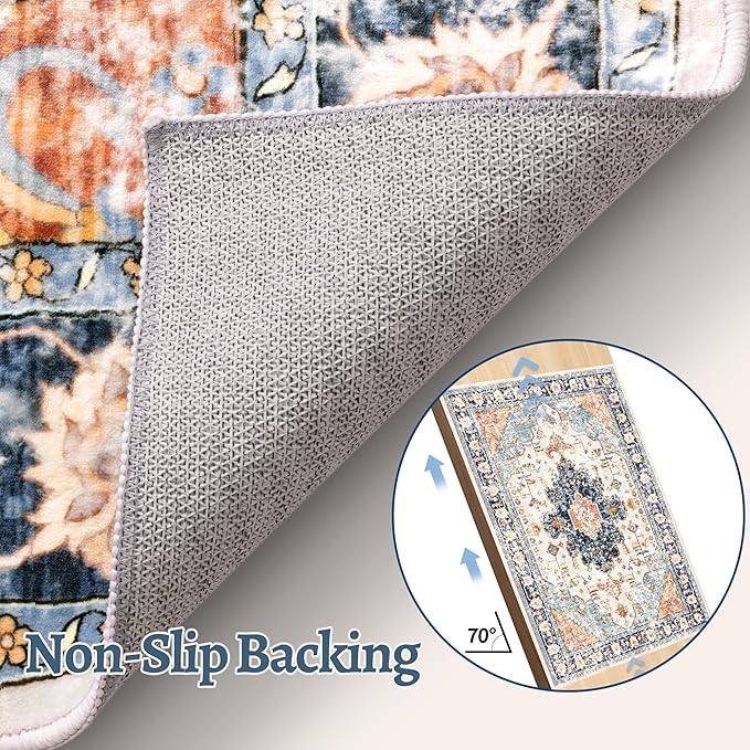 Tangsoo 2x5 Washable Runner Rug for Hallways, Non Slip Vintage Runner Rug, Soft Low Pile Long Print Distressed Blue/Orange for Kitchen Bedroom Entryway Bathroom Living Room