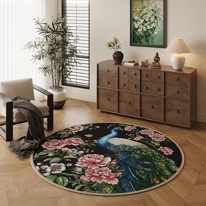 Round Rug 4ft Washable Circle Rug Non Slip Low Pile Floral Peacock Animal Small Circular Rug for Bedroom, Bathroom, Entryway, Kids Room, Office, College Dorm (Black)