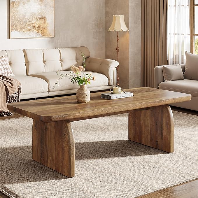 Tribesigns Farmhouse Coffee Table for Living Room, 47-Inch Mid-Century Rectangle Center Table with Rounded Corners, Modern Low Large Cocktail Tea Furniture, Easy Assembly