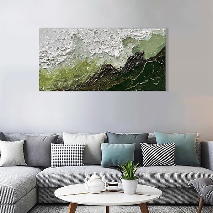 Art 24x48 Inch Hand-Painted Green and White Texture Oil Painting Modern Abstract Canvas Art Home Wall Decoration