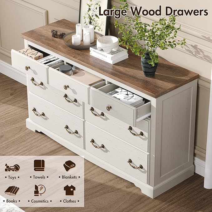 Farmhouse 7 Chest of Drawers for Bedroom, 54" Wide Wood Dresser with Bronze Retro Handles & 3D Drawer Fronts, Closet Dresser for Bedroom, Hallway, Antique White