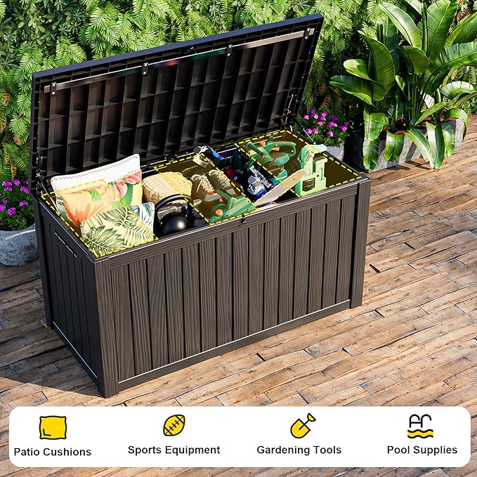 150 Gallon Outdoor Storage Box, Resin Waterproof UV-Resistant Deck Box with Hydraulic Lid Support, Reinforced Stability for Patio, Garden, and Poolside, Striped Black