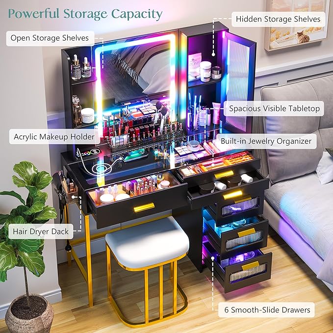 HENBC Vanity with Mirror and LED Lights, Glass Top Vanity Desk with Charging Station(Wireless+USB+Type-C), RGB Makeup Table Set with Stool/Makeup Organizer/6 Drawers (Black)