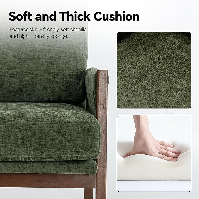 Mid Century Modern Accent Chair with Wood Frame, Upholstered Living Room Chairs with Wide Armrest, Chenille Fabric Comfy Arm Chair for Bedroom, Reading Room, Balcony (1, Green)