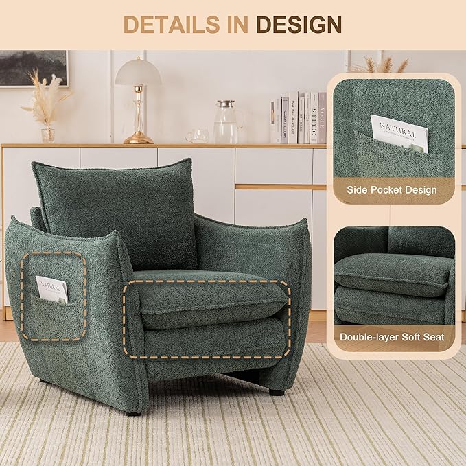 Oversized Accent Chair, Modern Single Sofa Cloud Chairs with Removable Pillow, Deep Seat Comfy Armchair for Living Room Bedroom Reading Nook - Upholstered Lounge Chair (Green, Set of 2)