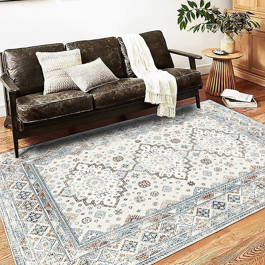 Washable Area Rug 5x7 Retro Boho Chic Medallion Distressed Design for Living Room Indoor Non-Slip Large Oriental Accent Throw Rug for Kitchen Entryway Bedroom Office Rug