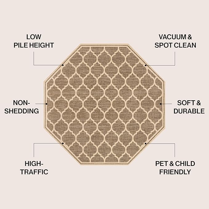 Eyely BMS109A-8TGN Trebol Moroccan Trellis Textured Weave Brown/Beige 8' Octagon Indoor/Outdoor Area Rug, Brown/Beige, 8' Octagon, Indoor/Outdoor, Area Rug