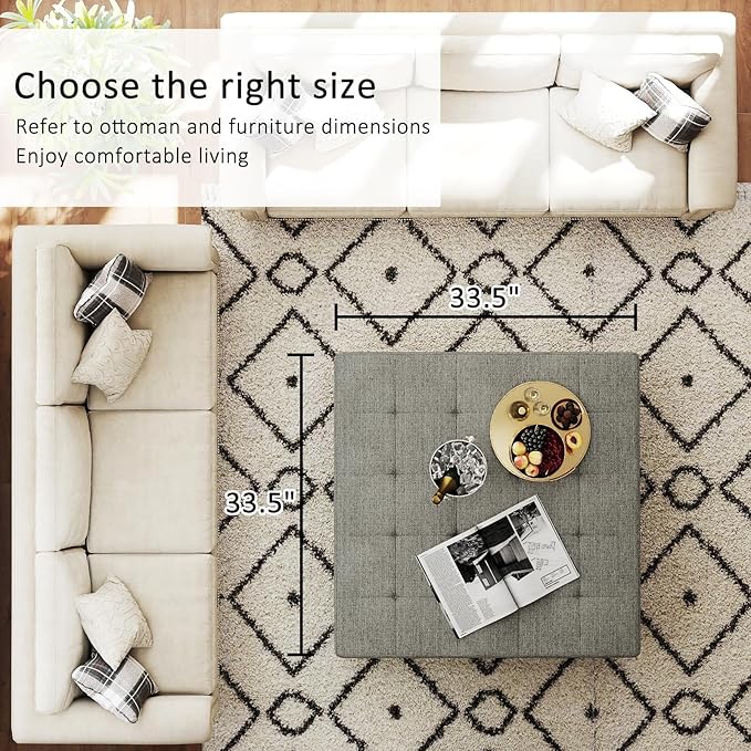 Large Square Ottoman Coffee Table, Linen Solid Upholstered Footrest Ottoman with Solid Wood Shelf Storage Tufted Coffee Table for Bedroom Living Room, Granite