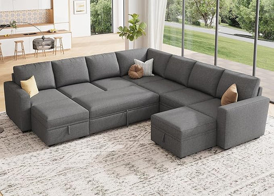 HONBAY Modular Sectional Sleeper Sofa with Pull Out Couch, Oversized U Shaped Sleeper Pull Out Bed with Storage Sectional Couches for Living Room - Dark Grey