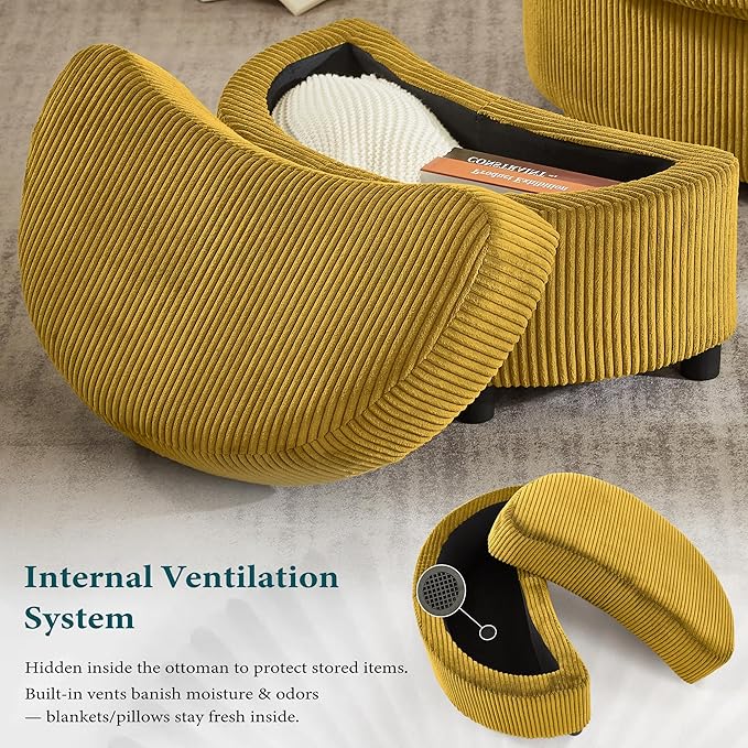 Swivel Accent Chair with Ottoman Comfy Reading Chairs for Bedroom Modern Corduroy Arm Chair 360°Swivel Barrel Chairs for Living Room,Apartment (Yellow, 2)