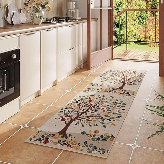 Runner Rug for Kitchen Rug Non Slip 2'x6' Washable Rugs Floral Tree with Rubber Backing Bohemian Soft Carpet Runner for Kitchen, Laundry, Bedroom, Bathroom, Beige