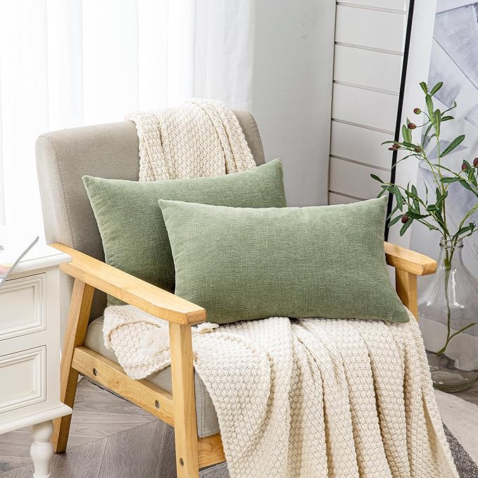 GAWAMAY Lumbar Decorative Rectangle Throw Pillow Covers 12"x20" Inch Set of 2, Super Soft Chenille Throw Pillowcase for Sofa Living Room Bedroom Couch Cushion Cover Sage Green 30x50cm (ONLY Covers)