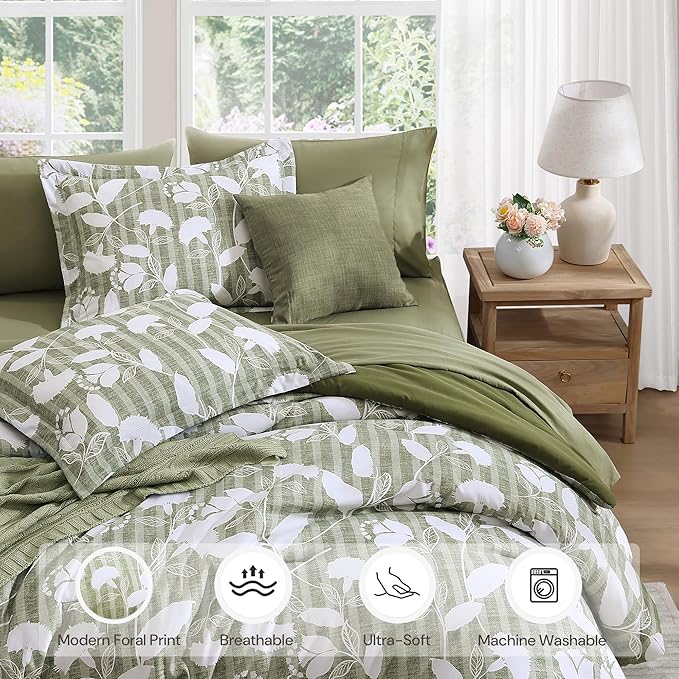 King Comforter Set -7 Pieces Olive Green Floral Comforter Set for All Seasons, Bed in a Bag King with Botanical Flowers Comforter, Sheets, Pillowcases & Shams