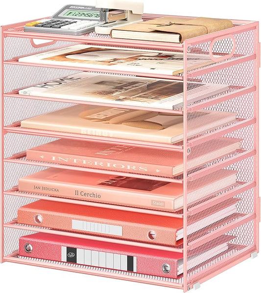 Lavatino 8-Tier Letter Tray Desk Paper Organizer, Mesh File Sorter Tray Organizer for Desk Office Supplies & Home Organization, Fits A4 Paper, Mail, Magazines and Office Accessories (Pink with Handle)