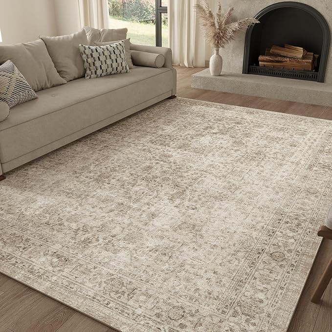 FMFUNCTEX 4x6 Washable Area Rug Neutral Vintage Beige Non Slip Low Pile Traditional Indoor Carpet for Living Room Bedroom Soft Retro Floral Mat Throw Rug for Dining Office Kitchen Dorm Entryway